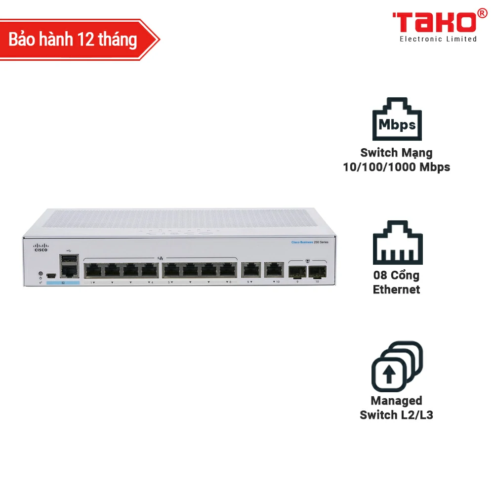 Cisco Business CBS250-8T-E-2G managed Switch L2/L3 08 Cổng Ethernet