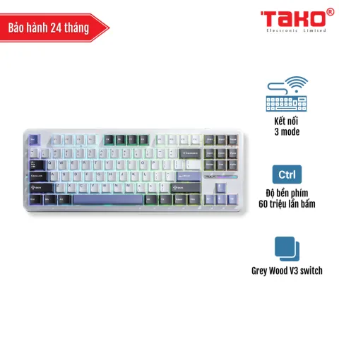 AULA F87 (8602) BÀN PHÍM CƠ GAMING 3 MODE (Phiên bản đen + trắng + xanh dương/ Grey Wood V3 Switch)