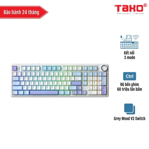 AULA F99 PRO (6685) BÀN PHÍM CƠ GAMING 3 MODE (Phiên bản Có núm xoay/ Xanh dương + Trắng + Tím/ Grey Wood V3 Switch)