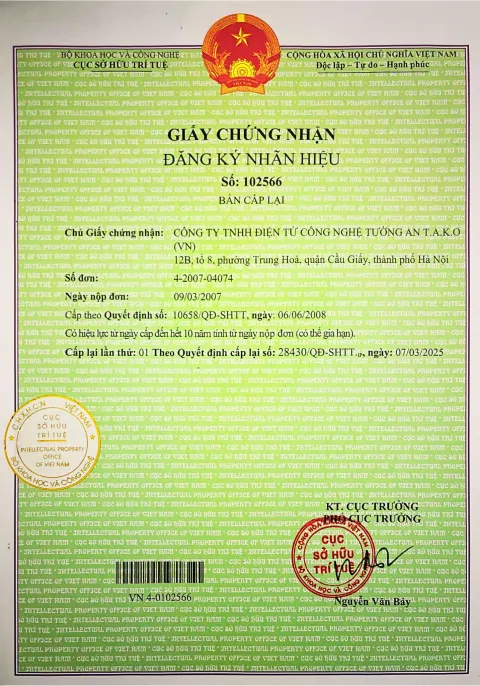 Chứng Nhận Đăng Ký Nhãn Hiệu TAKO 2025 (Trang 1)