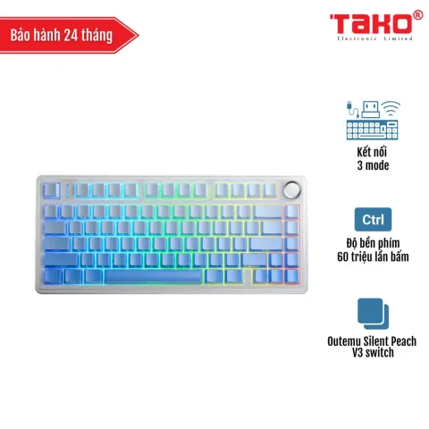 AULA F75 (2087) BÀN PHÍM CƠ GAMING 3 MODE (Phiên bản màu Trắng + xanh dương gradient / Outemu Silent Peach V3 switch)