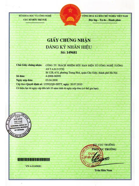 Chứng Nhận Đăng Ký Nhãn Hiệu AMTAKO 2010 (Trang 1)