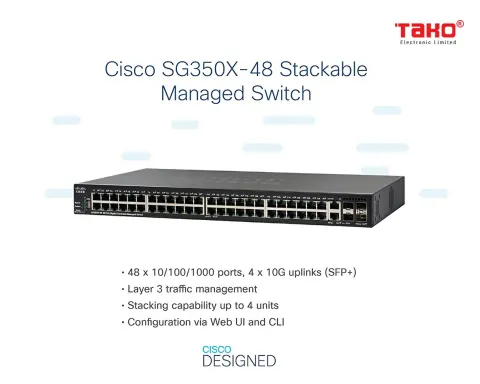 Cisco SG350X-48-K9 Stackable Managed Switch with 48 Gigabit Ethernet (GbE) Ports, 2 x 10G Combo + 2 x SFP+ 4