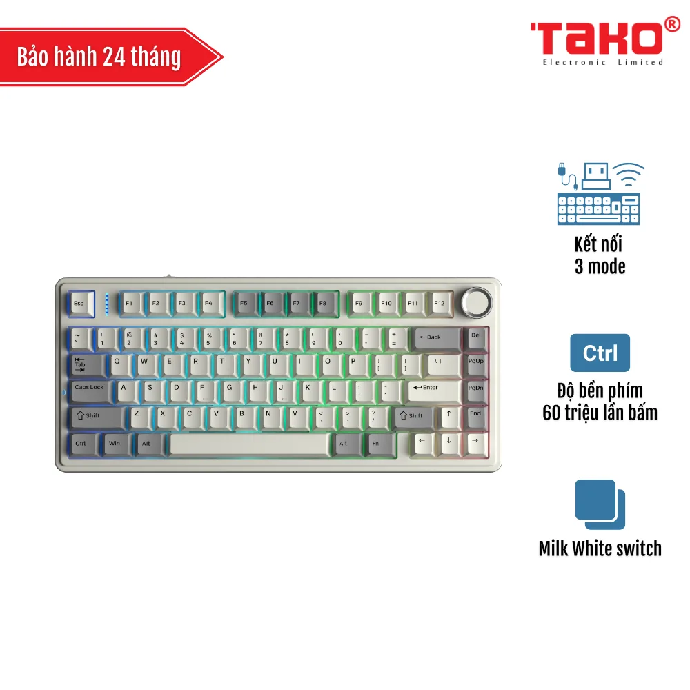 AULA F75 (8362) BÀN PHÍM CƠ GAMING 3 MODE (Phiên bản Màu xám trắng/ Milk White switch)
