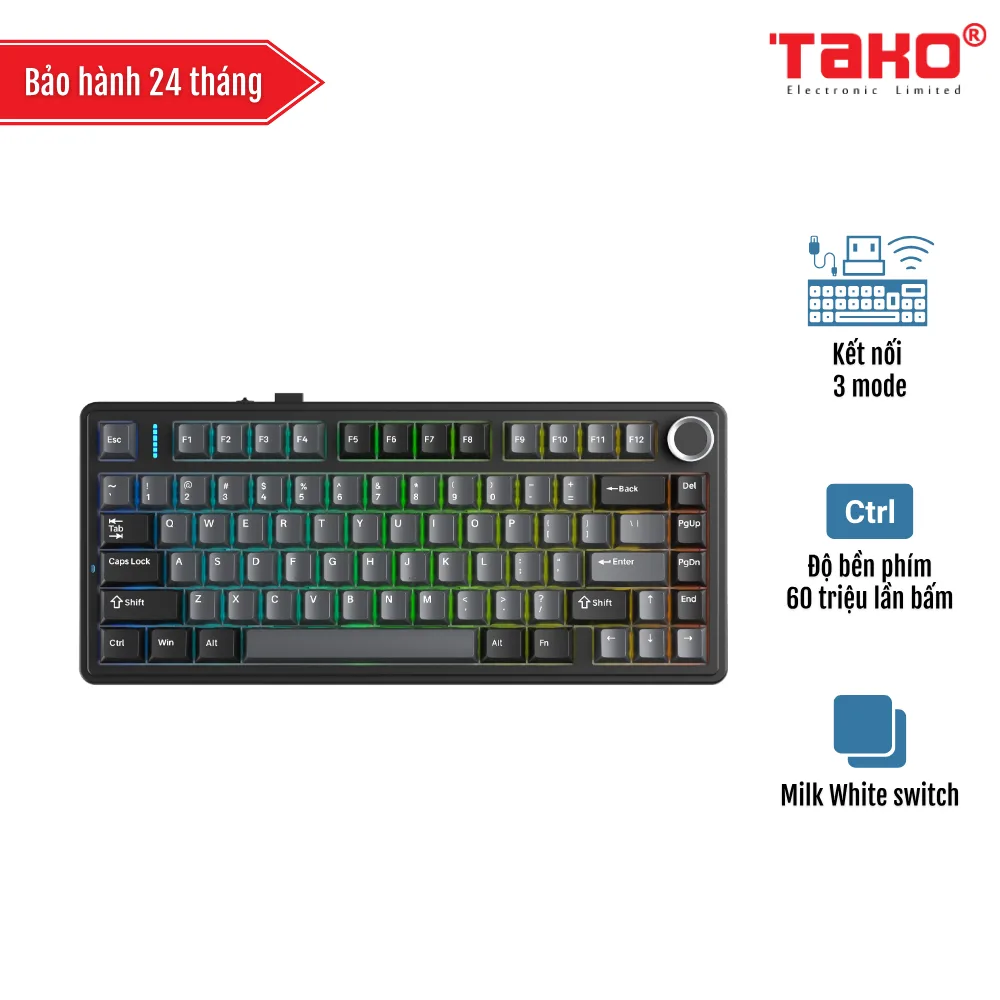AULA F75 (8355) BÀN PHÍM CƠ GAMING 3 MODE (Phiên bản Màu đen xám/ Milk White switch)