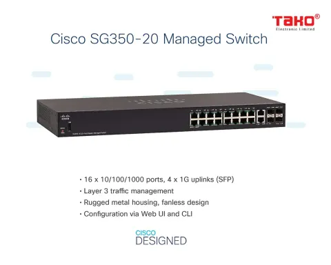 Switch quản lý Cisco SG350-20 với 20 cổng Gigabit Ethernet (GbE) với 16 cổng Gigabit Ethernet RJ45 cộng với combo 2 Gigabit SFP 4
