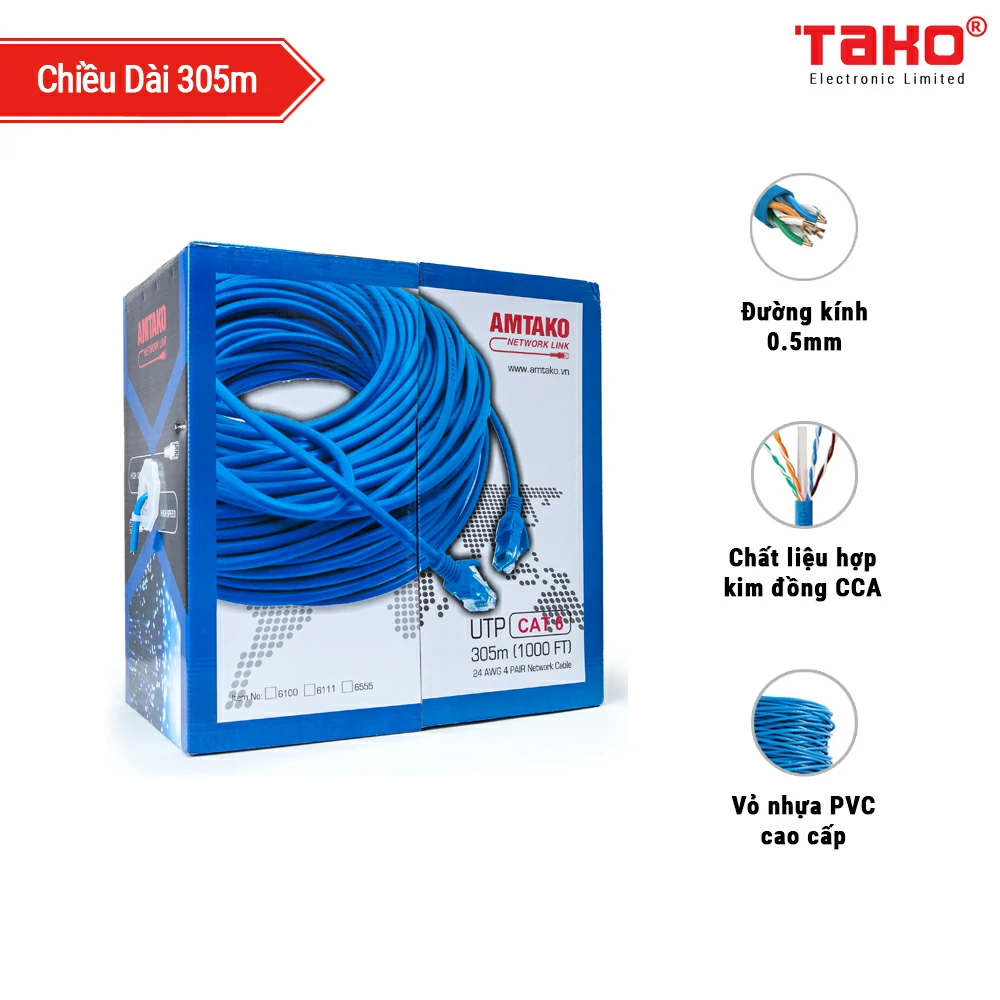 Cáp mạng Cat 6 UTP cat6 AMTAKO 6222 dây xanh 305m