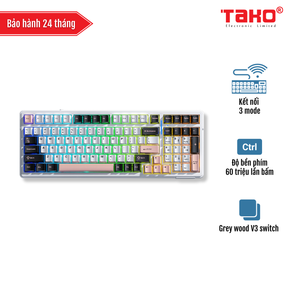 AULA F99 BÀN PHÍM CƠ GAMING 3 MODE (Phiên bản đen trắng hồng/Grey wood V3 switch)