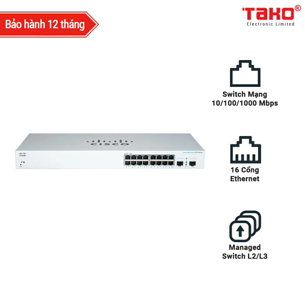 Cisco Business CBS220-16T-2G managed Switch L2/L3 16 Cổng Ethernet
