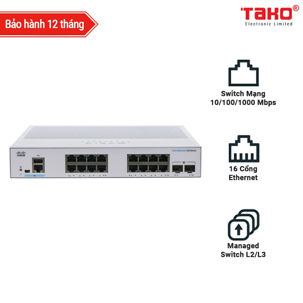 Cisco Business CBS250-16T-2G managed Switch L2/L3 16 Cổng Ethernet