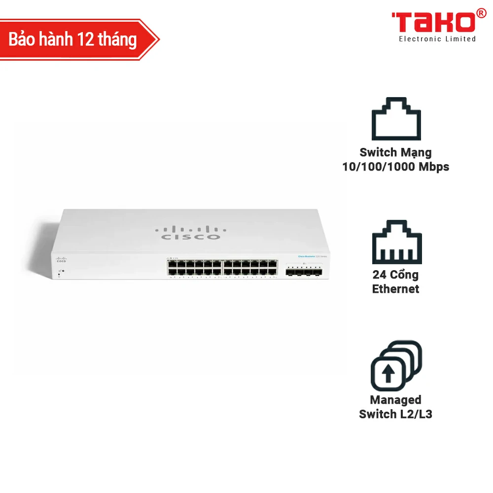 Cisco Business CBS220-24T-4X managed Switch L2/L3 Cổng 24 x 10/100/1000Mbps + khe cắm SFP 4 x 10Gbps