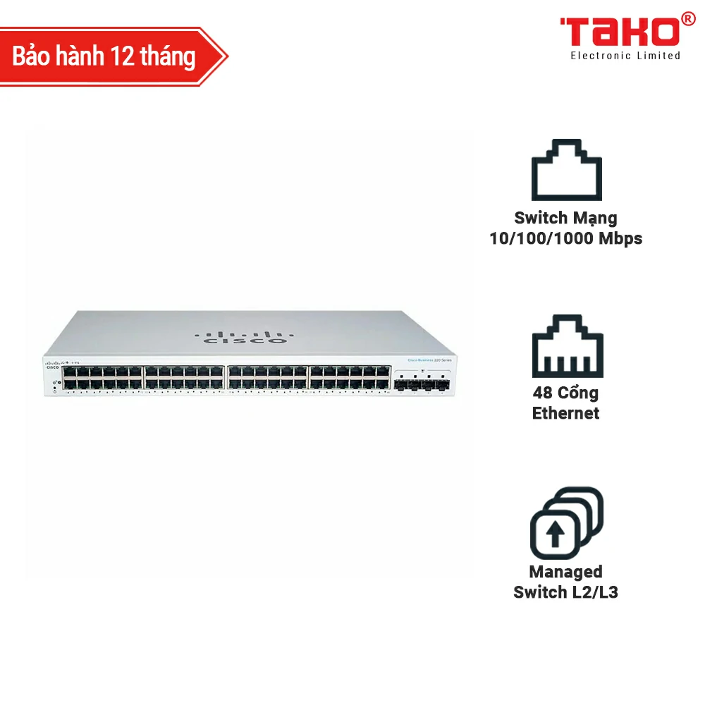 Cisco CBS220-48T-4G 48 port 10/100/1000 Mbps Layer 2 manageable web switch + 4 x 1 Gbps SFP slots
