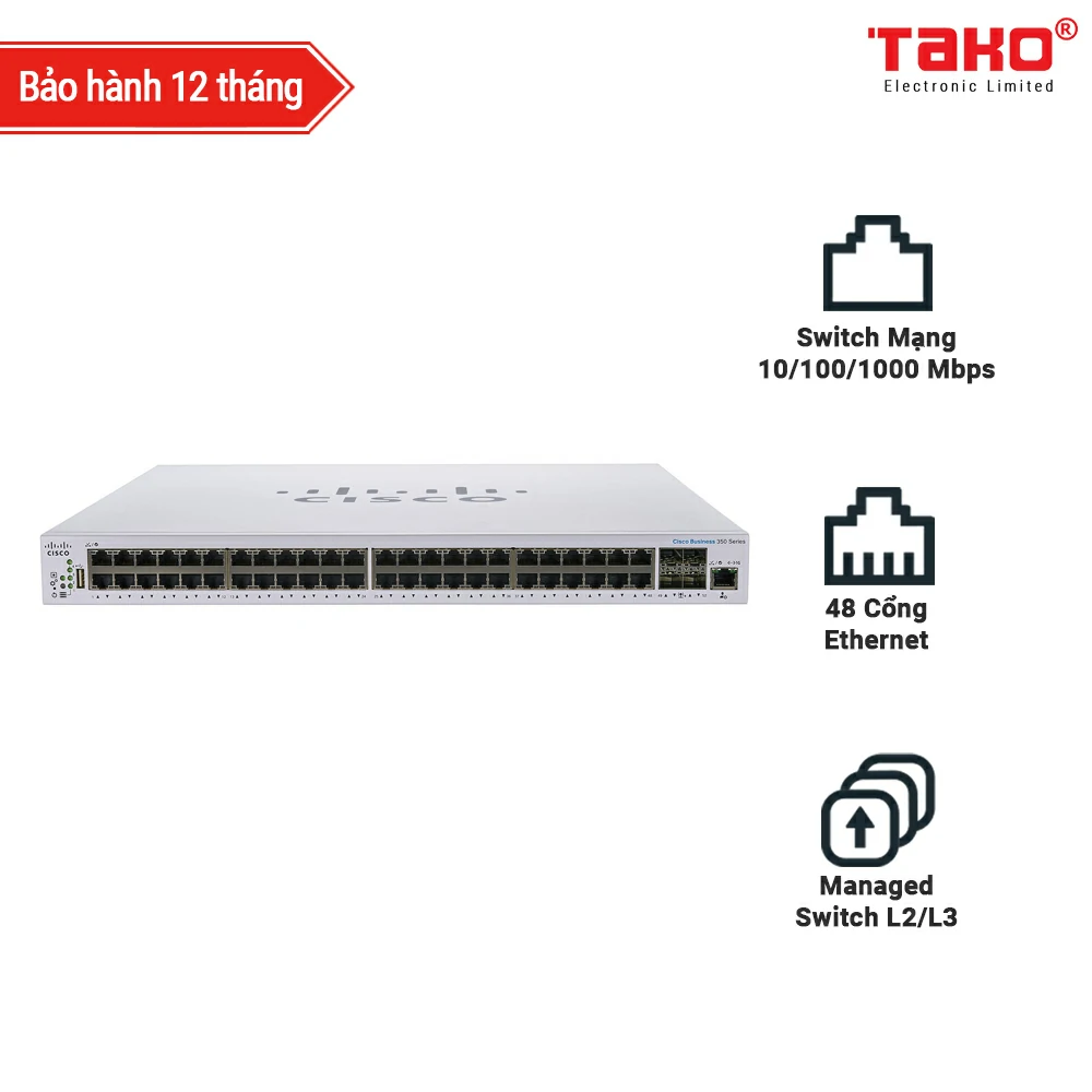 Cisco CBS350-48T-4G 48 port 10/100/1000 Mbps Layer 3 manageable web switch + 4 SFP slots