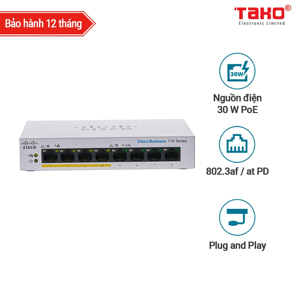Cisco CBS110-8PP-D 8 port 10/100/1000 Mbps unmanageable switch, 4 of which are PoE