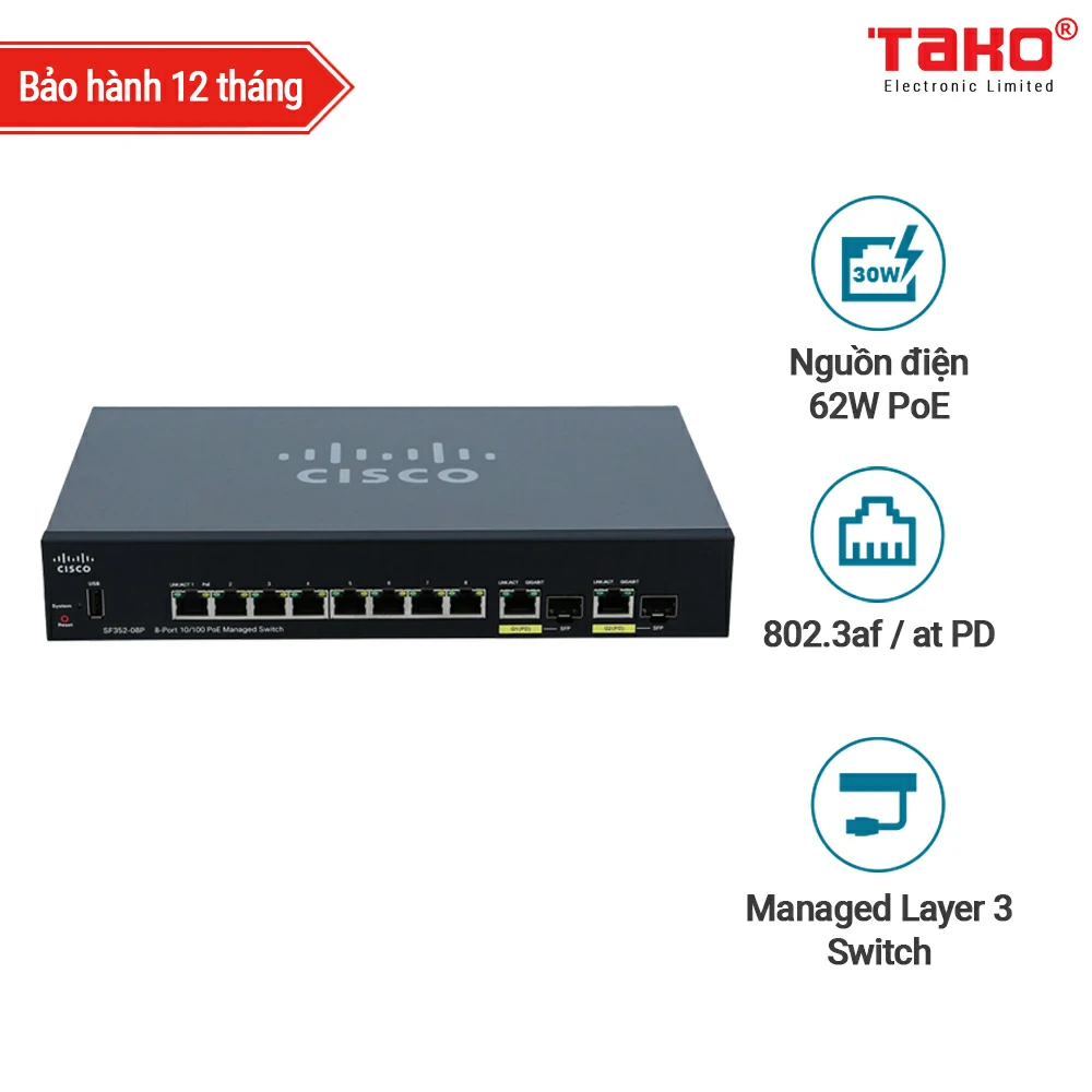Cisco SF352-08P Managed Switch | 8 10/100 Ports | 62W PoE | 2 Gigabit Ethernet (GbE) Combo SFP