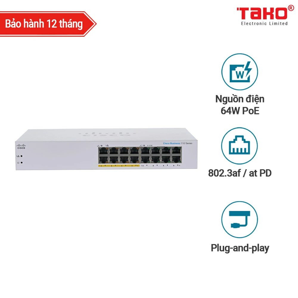 Cisco CBS110-16PP 16 port 10/100/1000 Mbps unmanageable switch, 8 of which are PoE