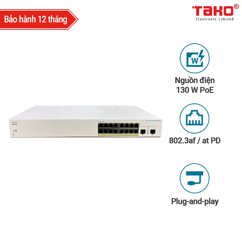 Cisco CBS220-16P-2G 16 port PoE+ 10/100/1000 Mbps Layer 2 manageable web switch + 2 x 1 Gbps SFP slots