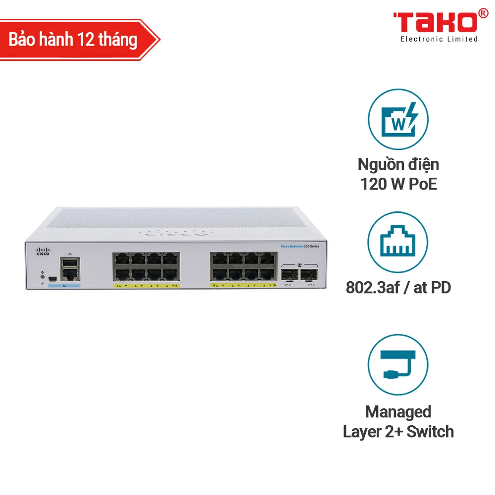 Cisco CBS250-16P-2G 16-port 10/100/1000 Mbps PoE Layer 2 manageable web switch 2 SFP slots