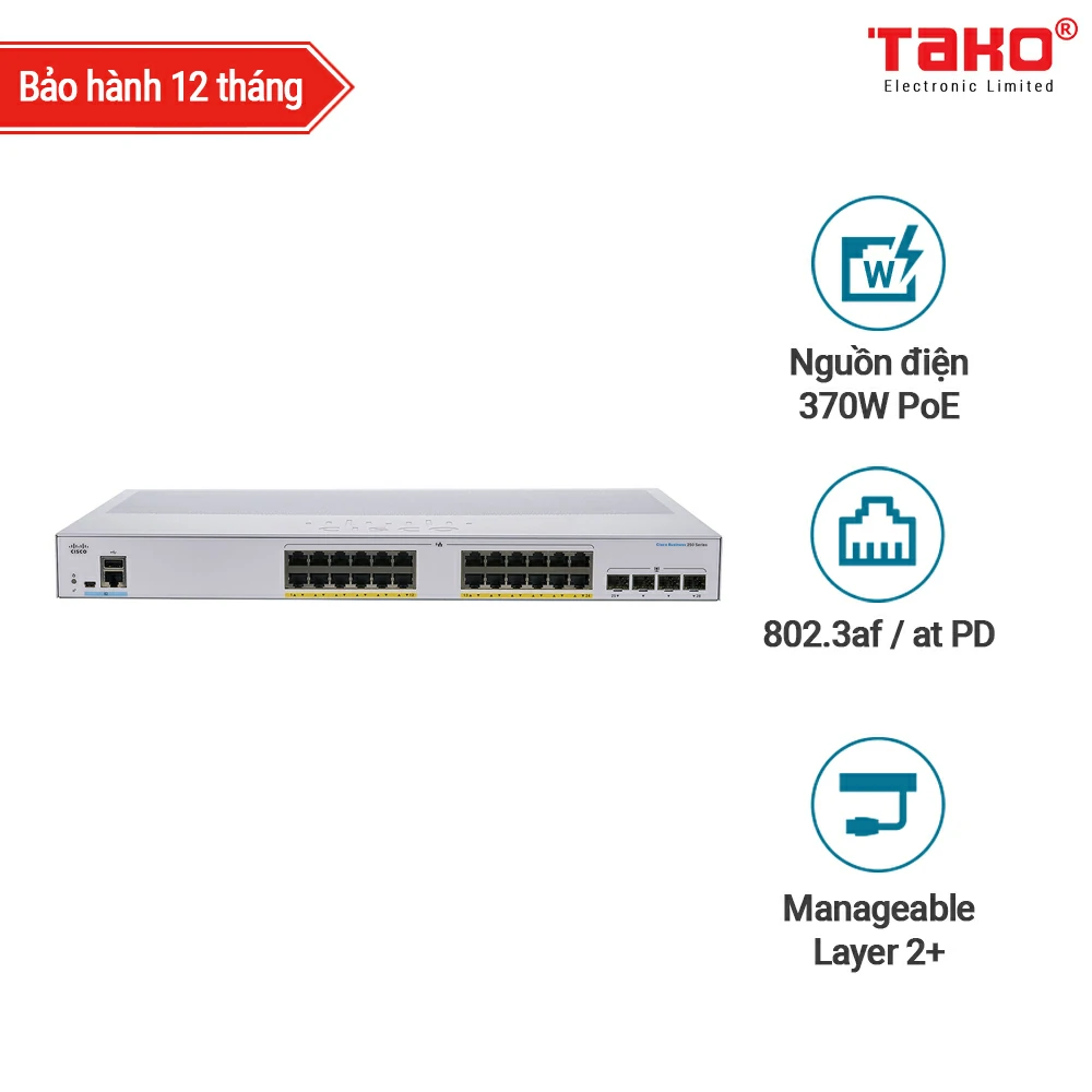 Cisco CBS250-24FP-4X 24 port 10/100/1000 Mbps PoE Layer 2 manageable web switch 4 x 10 Gbps SFP slots