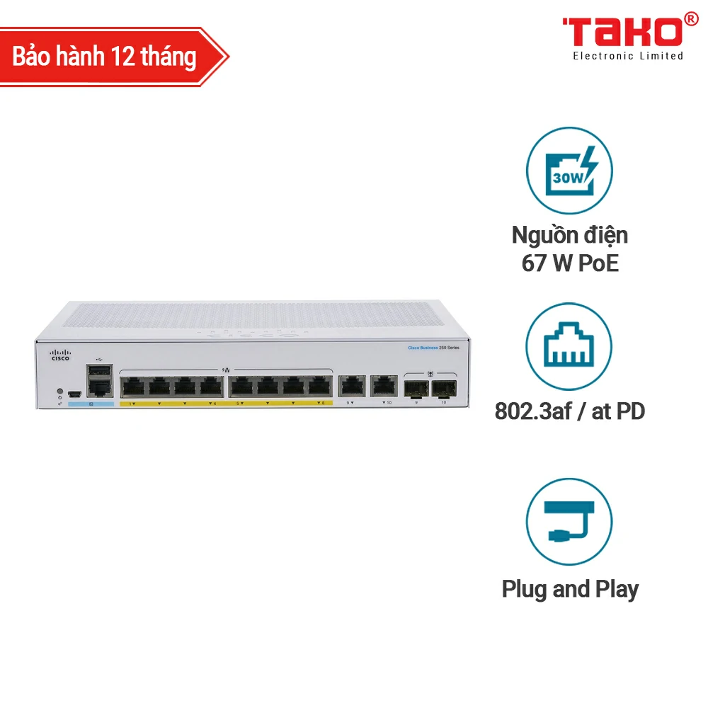 Cisco CBS250-8P-E-2G Manageable Layer 2 web switch 8 ports PoE 10/100/1000 Mbps 2 ports combo 1 GbE/SFP