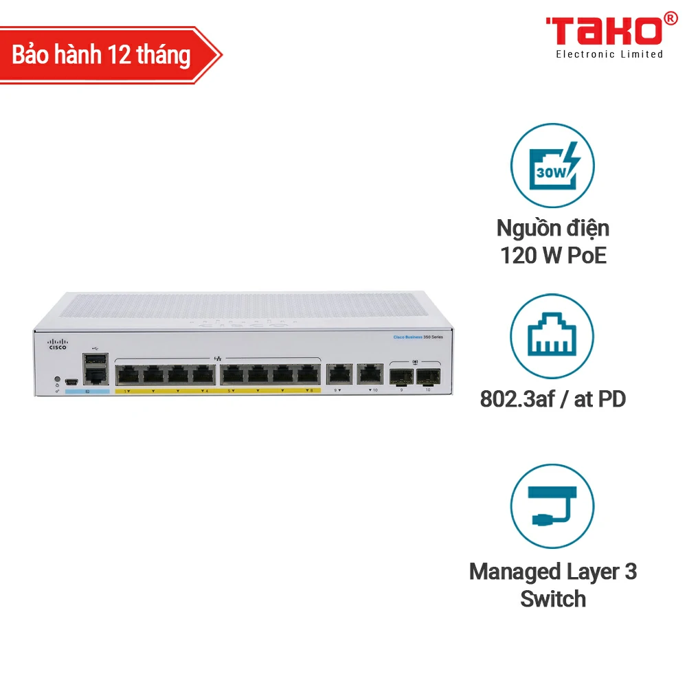 Cisco CBS350-8FP-E-2G Manageable Layer 3 web switch 8 ports PoE 10/100/1000 Mbps 2 ports combo 1 GbE/SFP