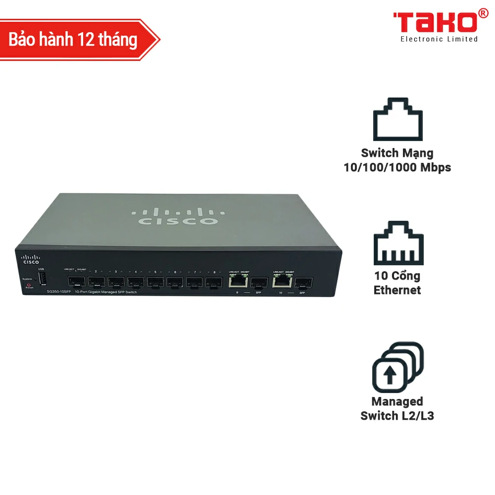 Cisco SG350-10SFP Managed with 10 ports of Gigabit Ethernet (GbE) Ports with 8 SFP slots plus 2 Gigabit Ethernet SFP Combo