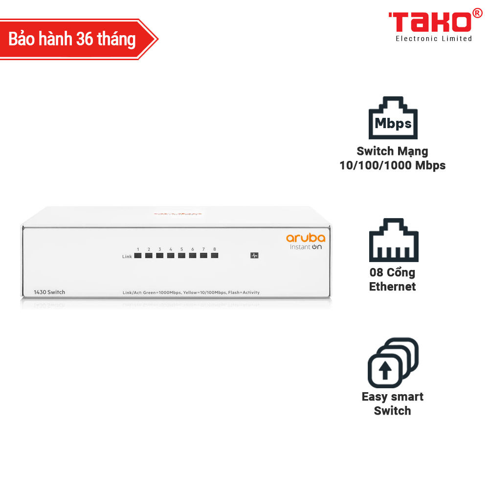 Aruba Instant On 1430 8-Port Gb Unmanaged Switch | 8X 1G Ports | Fanless | US Cord (R8R45A#ABA)