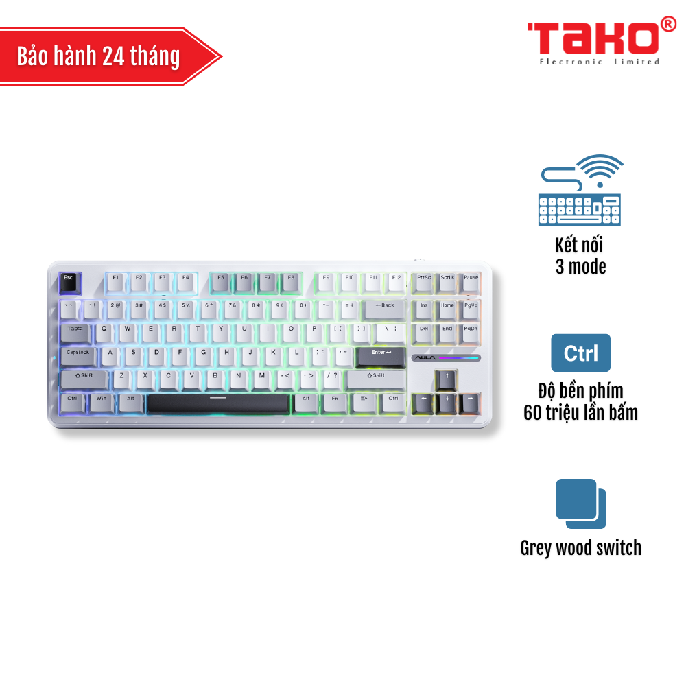 AULA F87 BÀN PHÍM CƠ GAMING 3 MODE (Phiên bản Xám + Trắng + Xám đậm/ Grey wood switch)