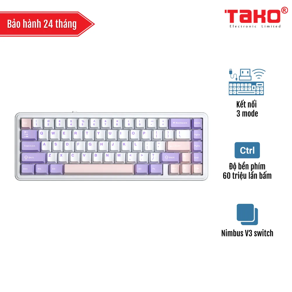 AULA F65 BÀN PHÍM CƠ GAMING 3 MODE (Phiên bản Tím + Trắng + Hồng/ Nimbus V3 switch)