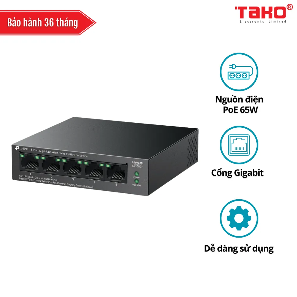 LS105GP Switch máy tính để bàn 5 cổng Gigabit với 4 cổng PoE+