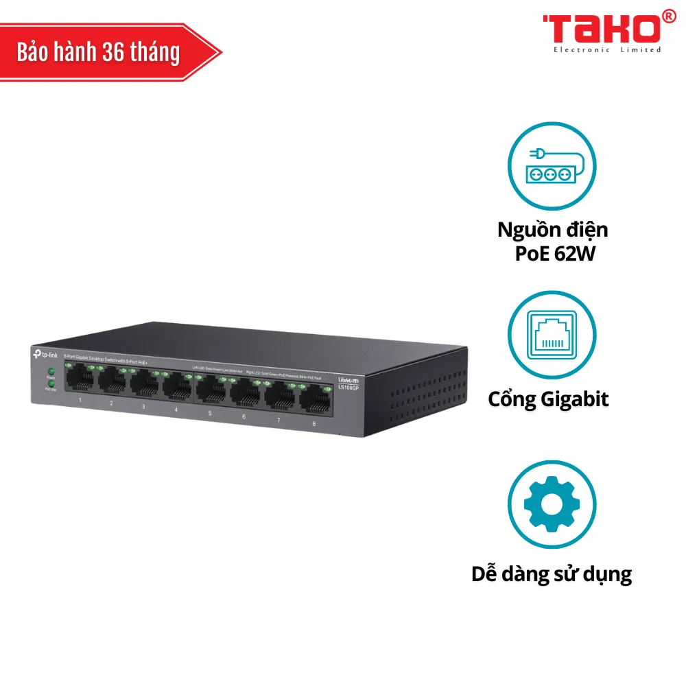 LS108GP Switch máy tính để bàn 8 cổng Gigabit với 8 cổng PoE+