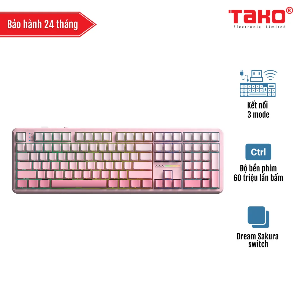 AULA F108 (2063) BÀN PHÍM CƠ GAMING 3 MODE (Phiên bản màu Hồng gradient/ Dream Sakura switch)