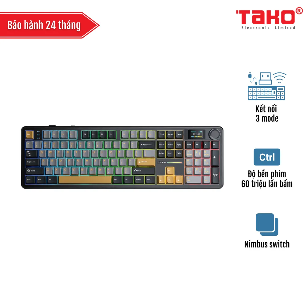 AULA F108 PRO BÀN PHÍM CƠ GAMING 3 MODE (Phiên bản Đen + xám + vàng/ Reaper switch)