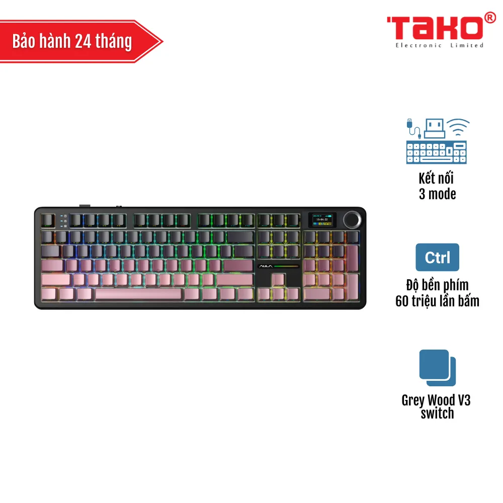 AULA F108 PRO BÀN PHÍM CƠ GAMING 3 MODE (Phiên bản Đen + hồng gradient/ Grey Wood V3 switch)