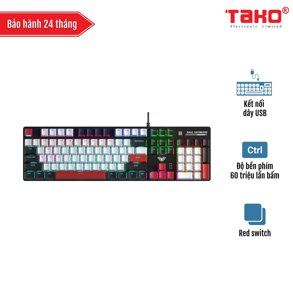AULA S500 BÀN PHÍM CƠ GAMING CÓ DÂY (Phiên bản Đen + trắng + đỏ/ Red switch)