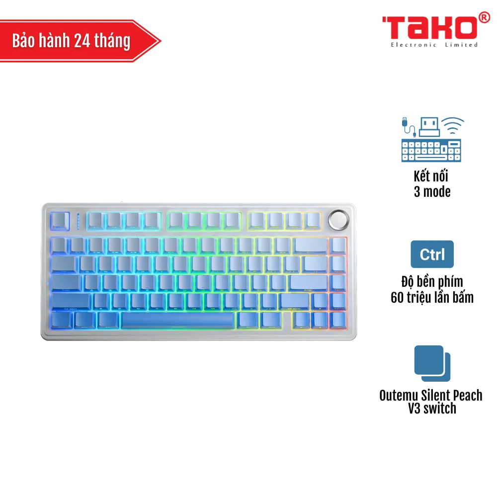 AULA F75 (2087) BÀN PHÍM CƠ GAMING 3 MODE (Phiên bản màu Trắng + xanh dương gradient / Outemu Silent Peach V3 switch)