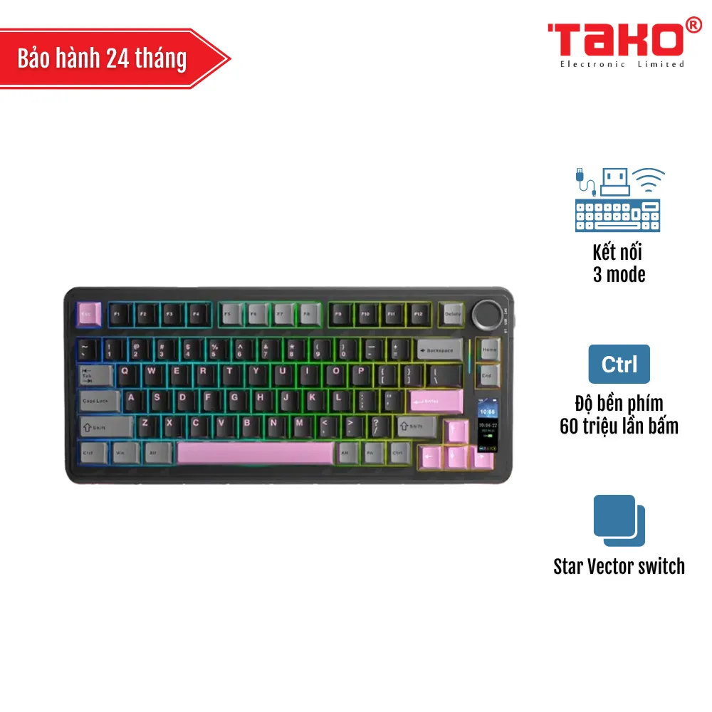 AULA S75 PRO (6429) BÀN PHÍM CƠ GAMING 3 MODE (Phiên bản màu Xám+đen+hồng/ Star Vector switch)