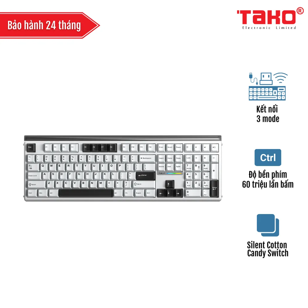 AULA H108 (8713) BÀN PHÍM CƠ GAMING 3 MODE (Phiên bản màu Trắng đen/ Silent Cotton Candy Switch)