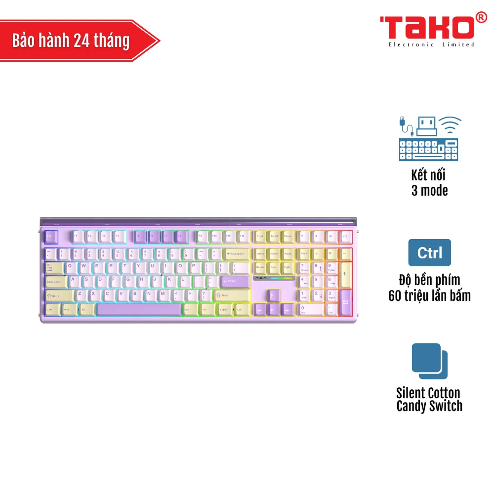 AULA H108 (7495) BÀN PHÍM CƠ GAMING 3 MODE (Phiên bản màu Vàng tím/ Silent Cotton Candy Switch)