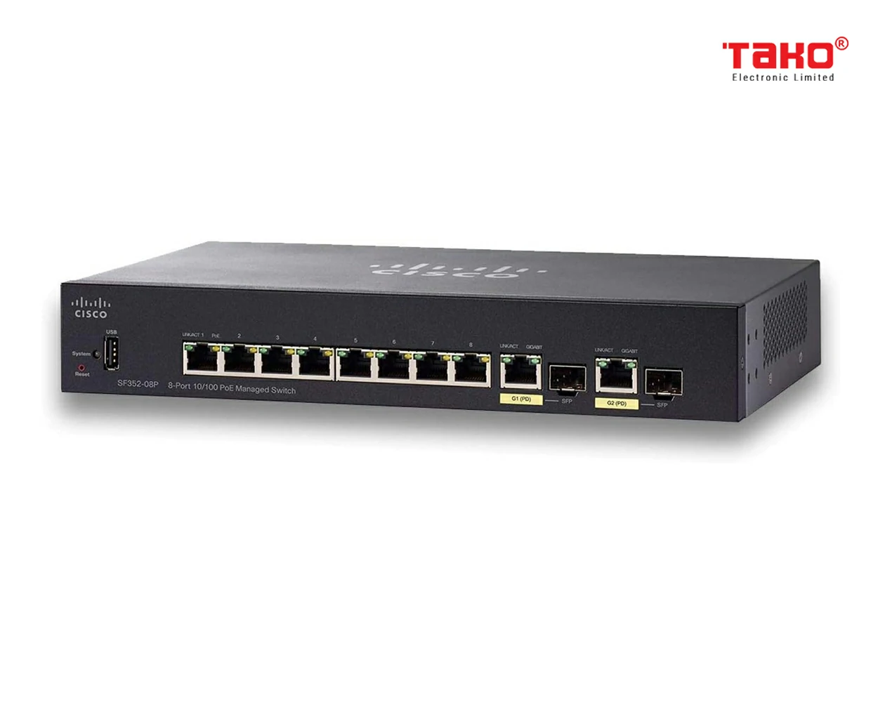 Cisco SF352-08P Managed Switch | 8 10/100 Ports | 62W PoE | 2 Gigabit Ethernet (GbE) Combo SFP 2
