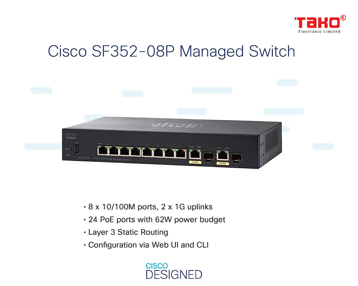 Cisco SF352-08P Managed Switch | 8 10/100 Ports | 62W PoE | 2 Gigabit Ethernet (GbE) Combo SFP 4