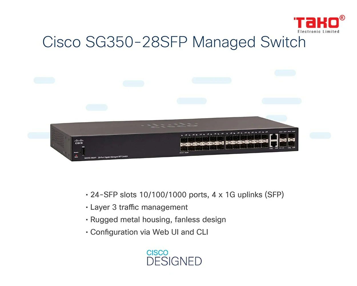 Cisco SG350-28SFP Managed Switch | 24 Gigabit Ethernet SFP Slots | 2 SFP Slots | 2 Gigabit Ethernet Combo 4