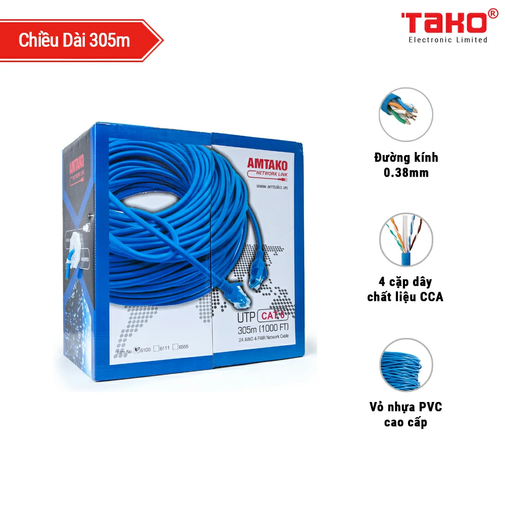 Cáp mạng Cat6 UTP AMTAKO 6100 dây xanh 305m