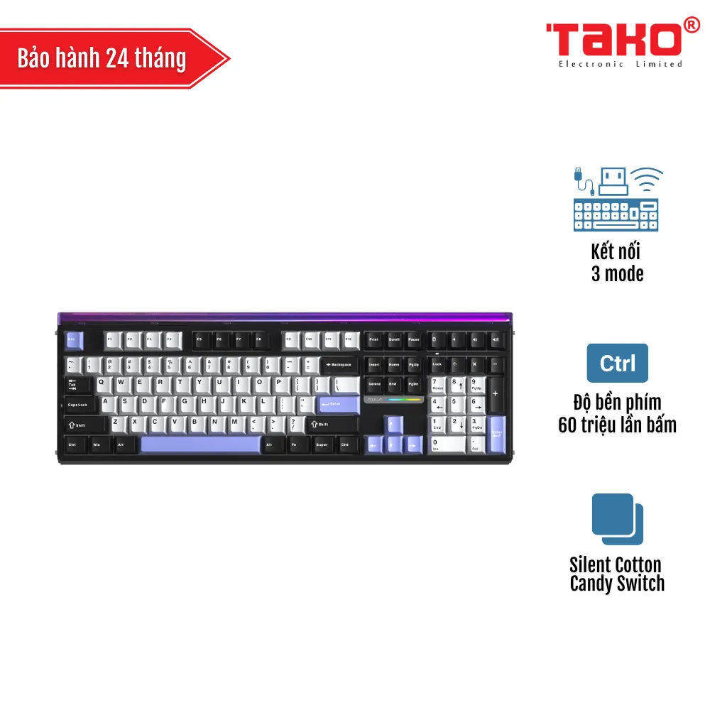AULA H108 (2322) BÀN PHÍM CƠ GAMING 3 MODE (Phiên bản màu Đen+trắng+tím/ Silent Cotton Candy Switch)