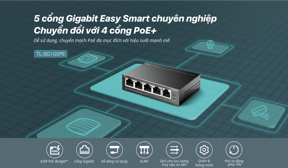 TL-SG105PE EASY SMART SWITCH 5 CỔNG GIGABIT VỚI 4 CỔNG POE+