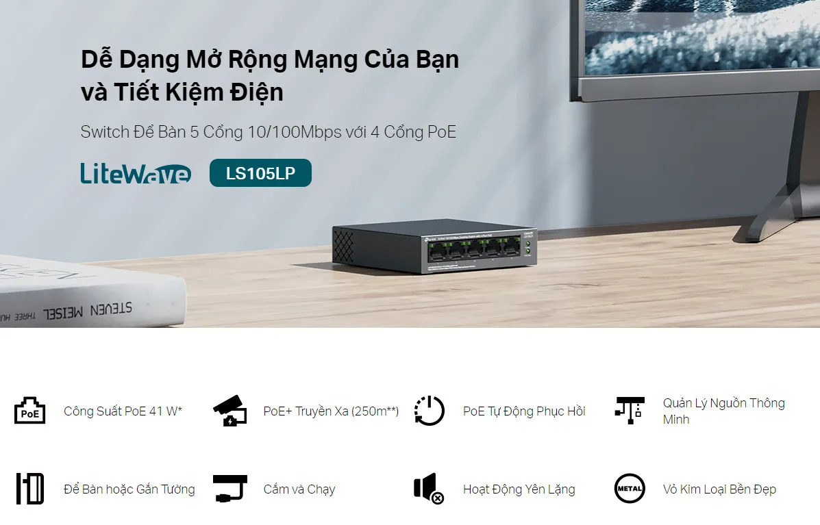 LS105LP Switch Để Bàn 5 Cổng 10/100Mbps với 4 Cổng PoE
