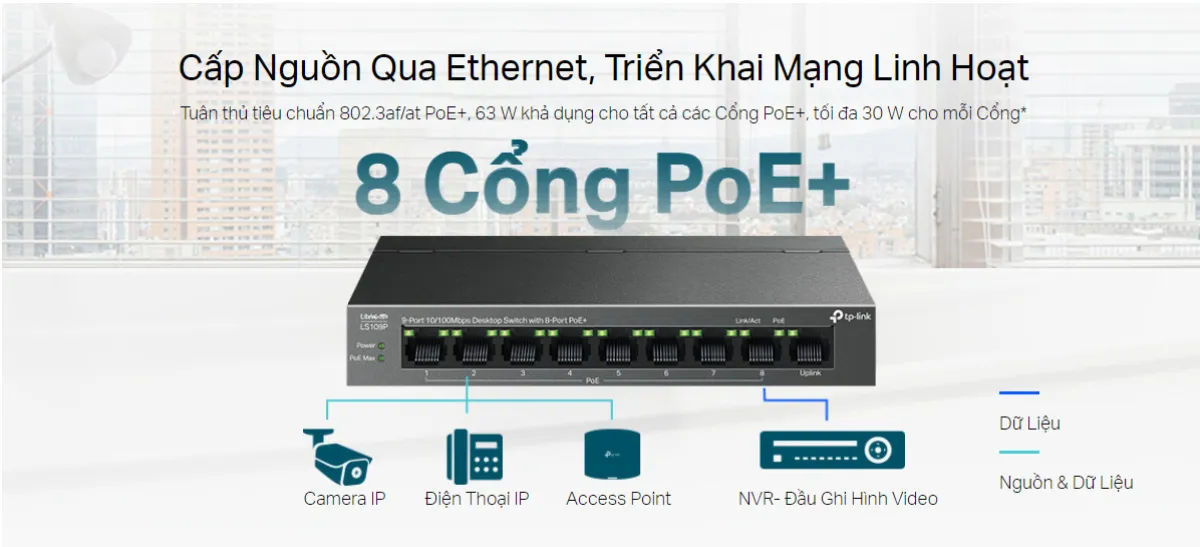 LS109P Switch Để Bàn 9 Cổng 10/100Mbps với 8 Cổng PoE+